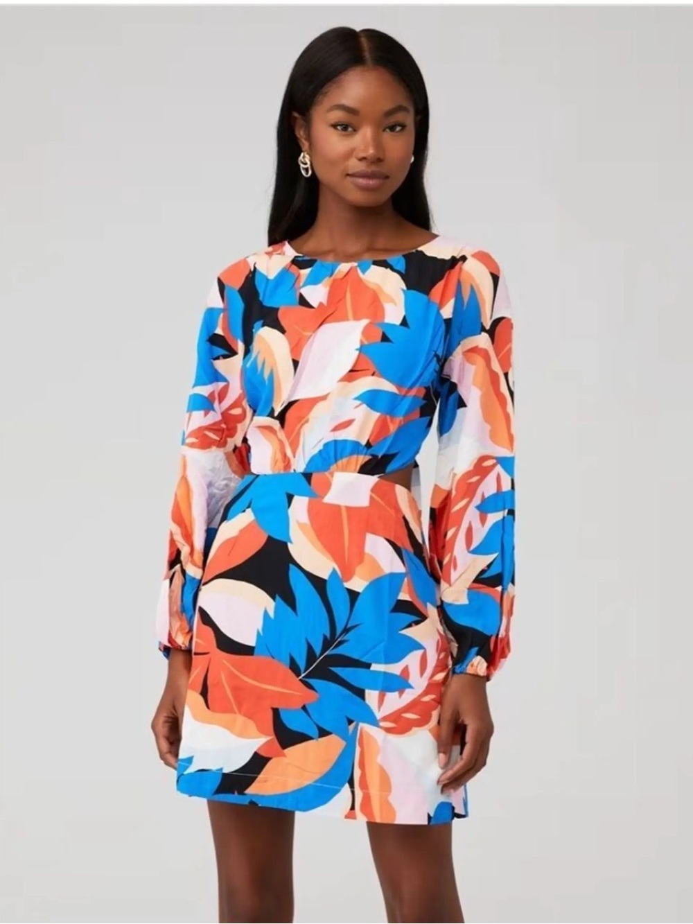 Bright Blue & Orange Floral Long-Sleeve Cut Out Mini Dress